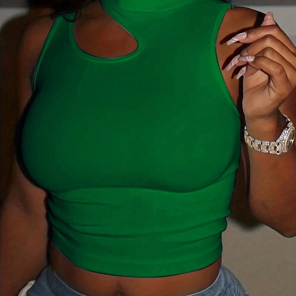 Green Casual Women's Stand Collar Hollow Out Slim Fit Crop Top